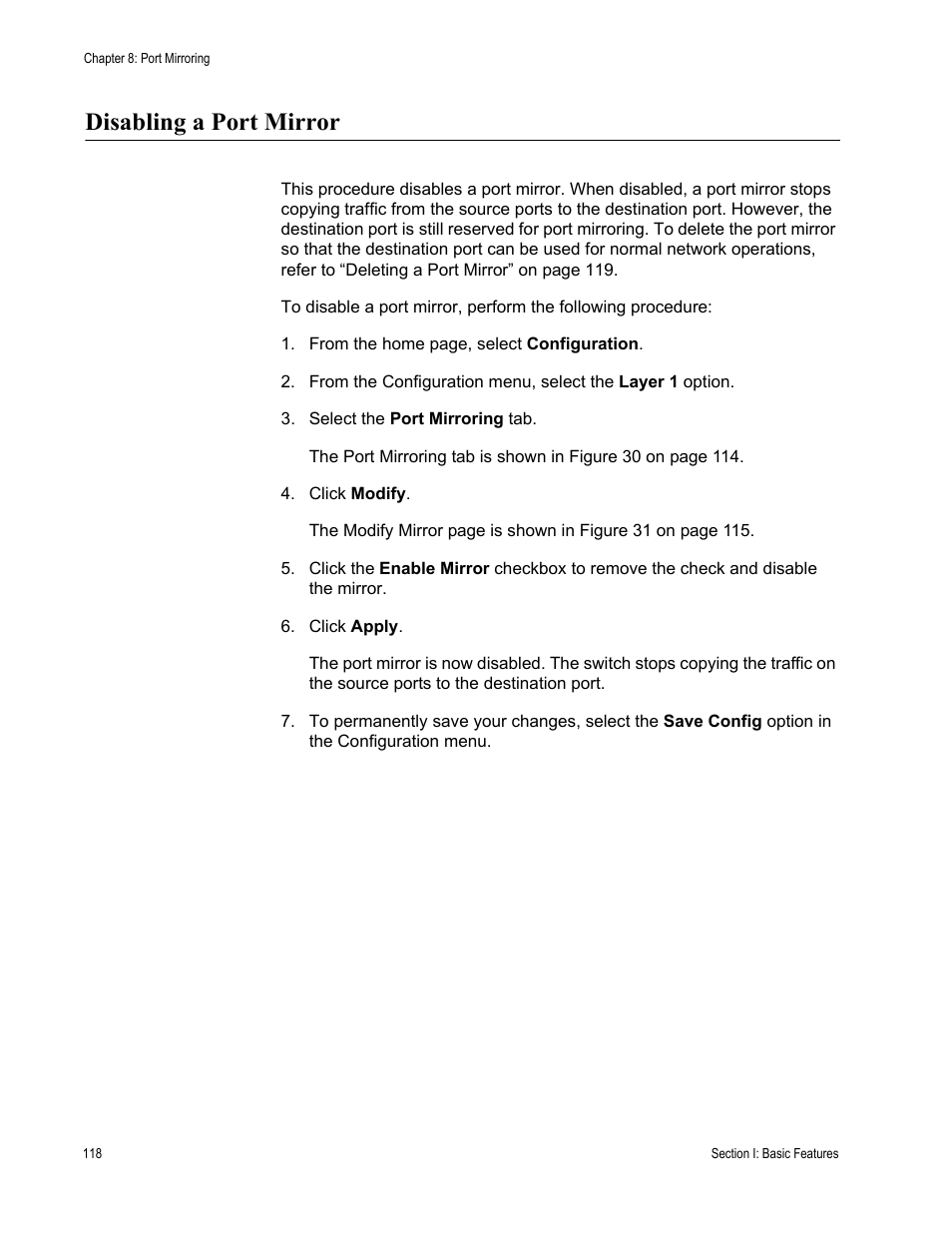 Disabling a port mirror | Allied Telesis AT-S63 User Manual | Page 118 / 430
