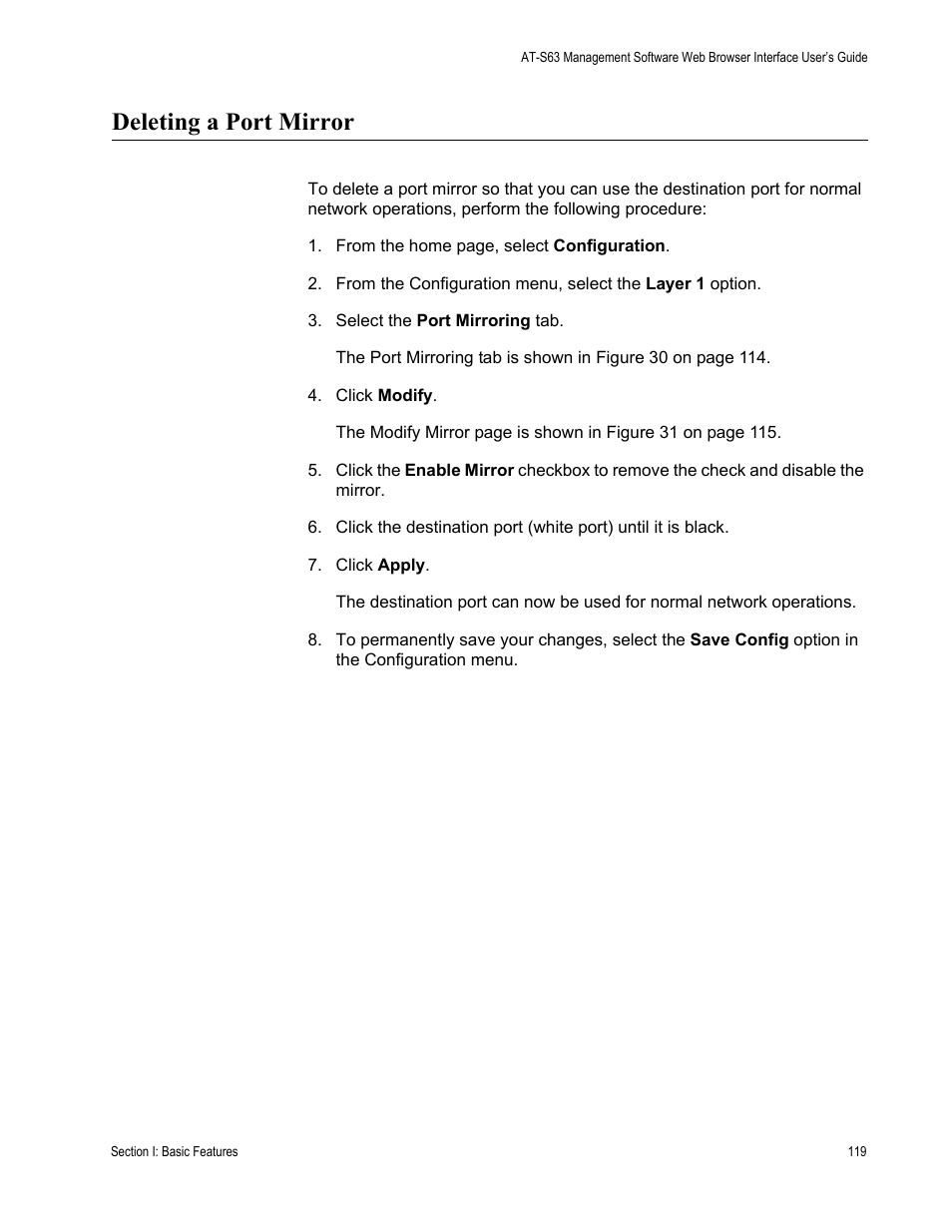 Deleting a port mirror | Allied Telesis AT-S63 User Manual | Page 119 / 430