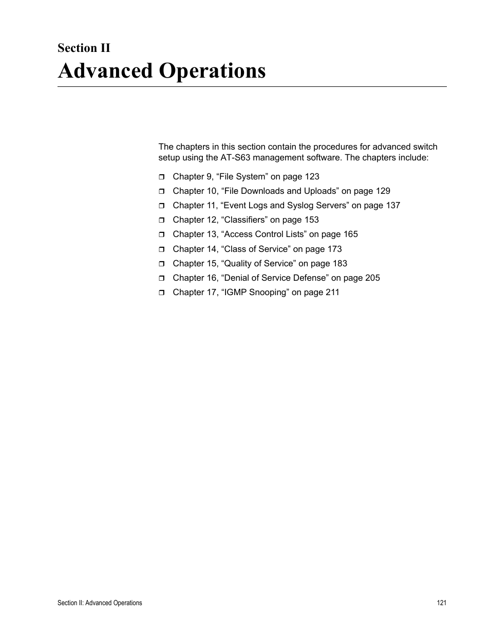 Section ii, Advanced operations, Section ii: advanced operations | Allied Telesis AT-S63 User Manual | Page 121 / 430