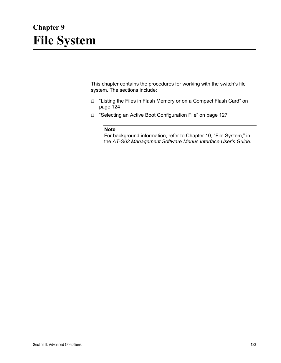 Chapter 9, File system, R 9: file system | Chapter 9: file system | Allied Telesis AT-S63 User Manual | Page 123 / 430