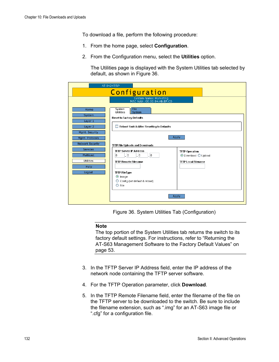 Figure 36: system utilities tab (configuration) | Allied Telesis AT-S63 User Manual | Page 132 / 430