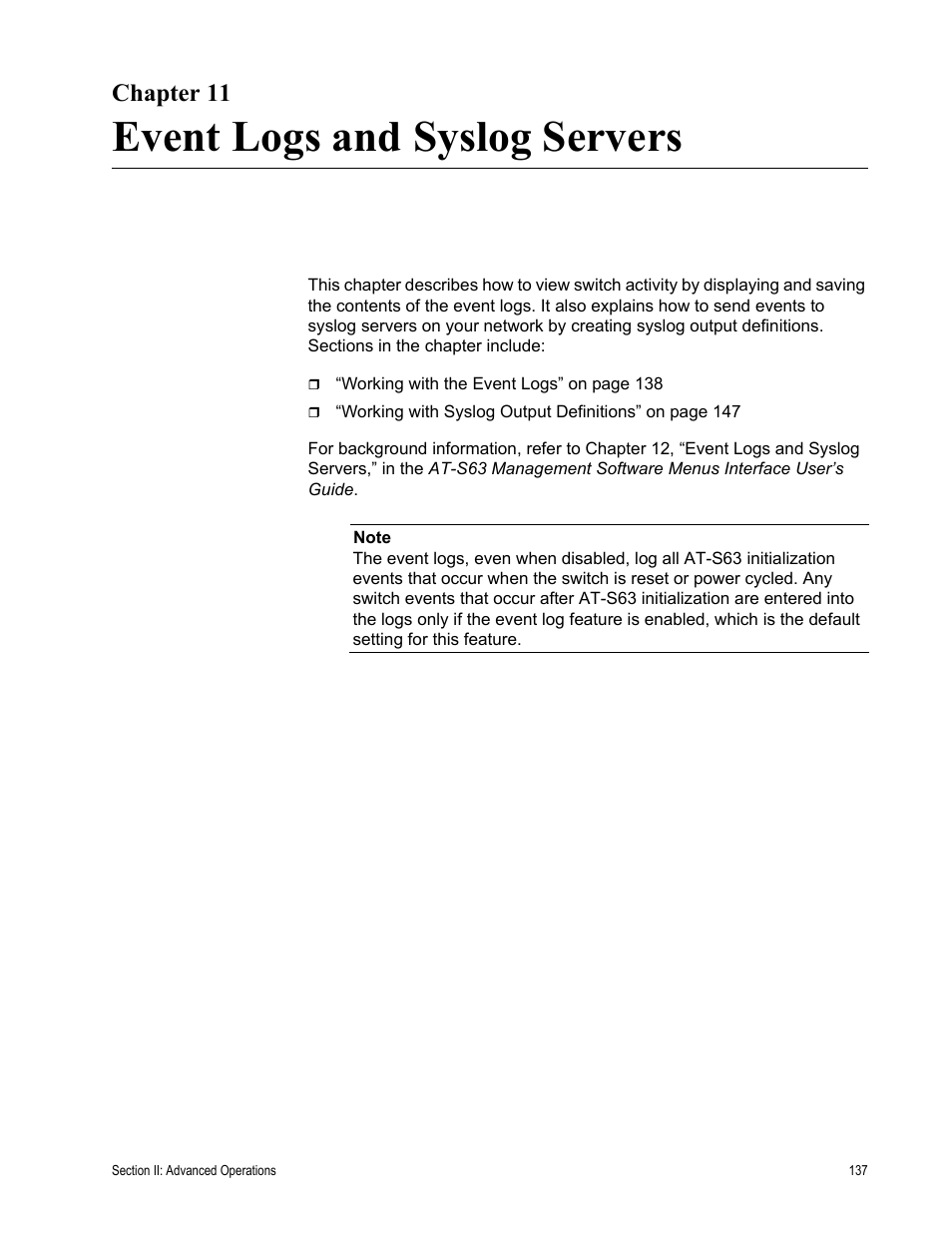 Chapter 11, Event logs and syslog servers, Chapter 11: event logs and syslog servers | Allied Telesis AT-S63 User Manual | Page 137 / 430