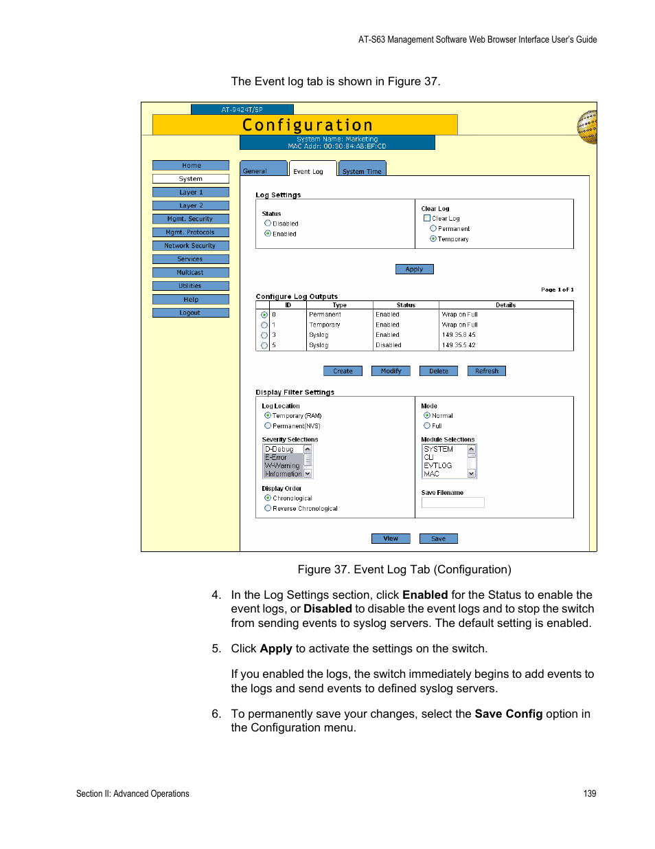 Figure 37: event log tab (configuration) | Allied Telesis AT-S63 User Manual | Page 139 / 430