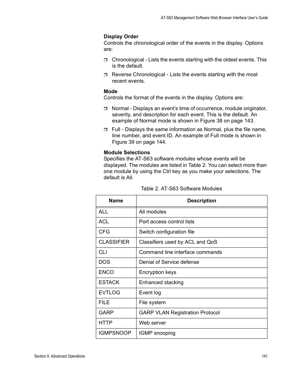 Table 5: at-s63 software modules | Allied Telesis AT-S63 User Manual | Page 141 / 430