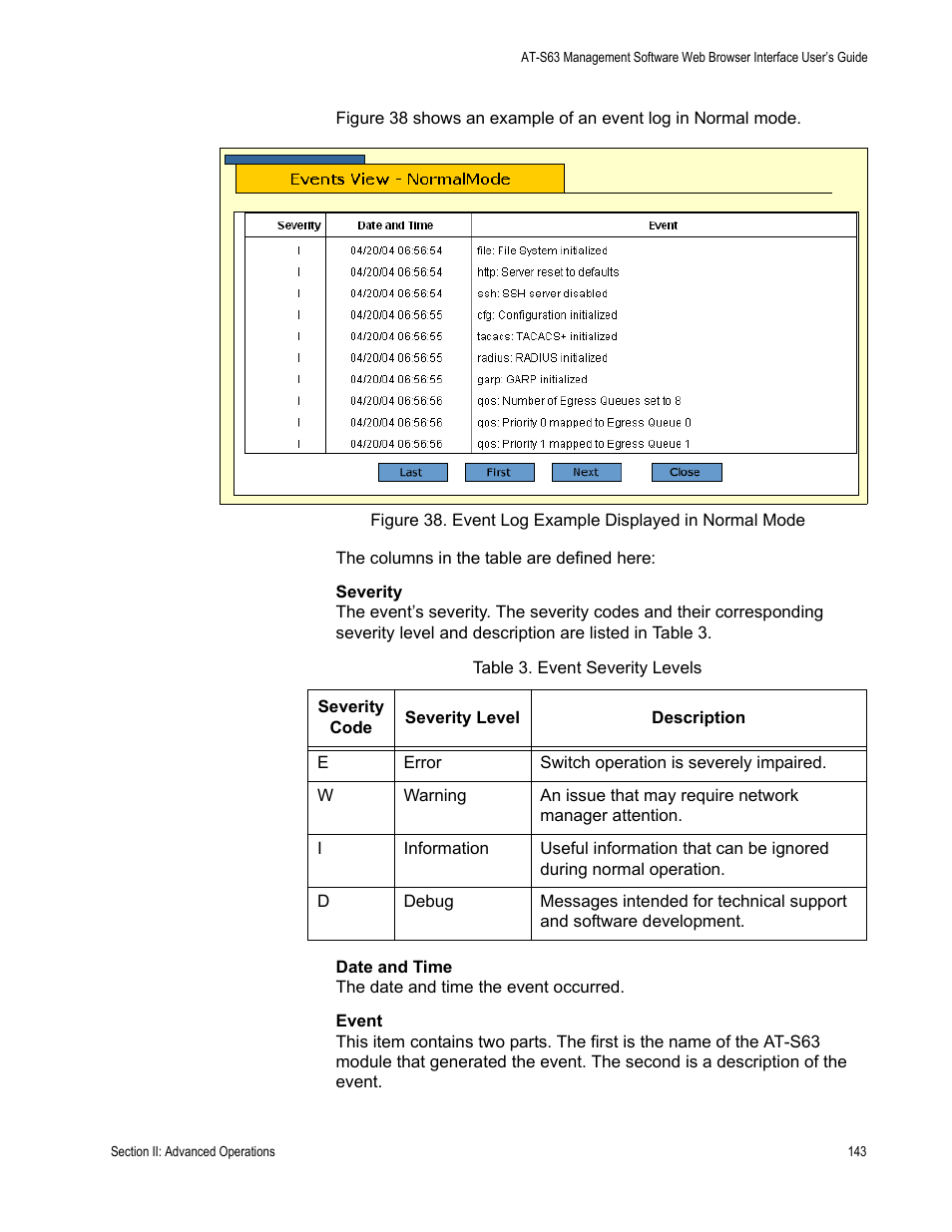 Table 6: event severity levels | Allied Telesis AT-S63 User Manual | Page 143 / 430