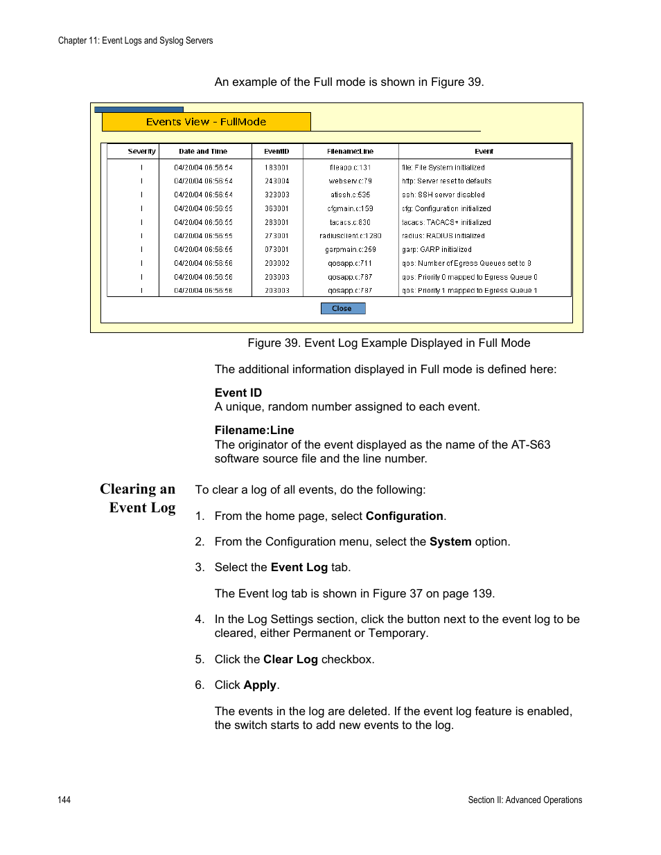 Clearing an event log | Allied Telesis AT-S63 User Manual | Page 144 / 430