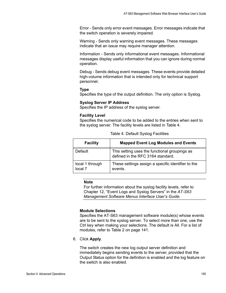 Table 7: default syslog facilities | Allied Telesis AT-S63 User Manual | Page 149 / 430