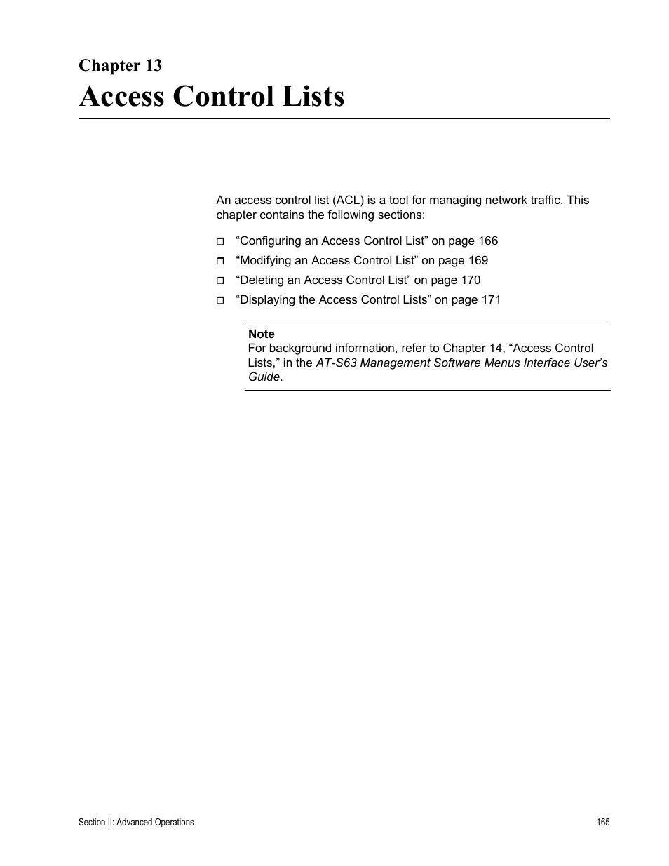 Chapter 13, Access control lists, Chapter 13: access control lists | Allied Telesis AT-S63 User Manual | Page 165 / 430