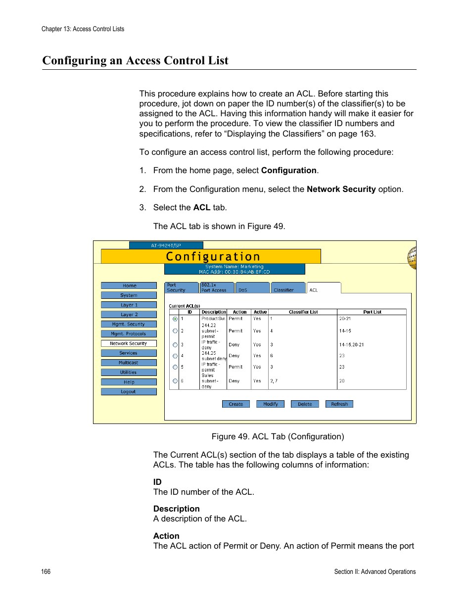 Configuring an access control list, Figure 49: acl tab (configuration) | Allied Telesis AT-S63 User Manual | Page 166 / 430