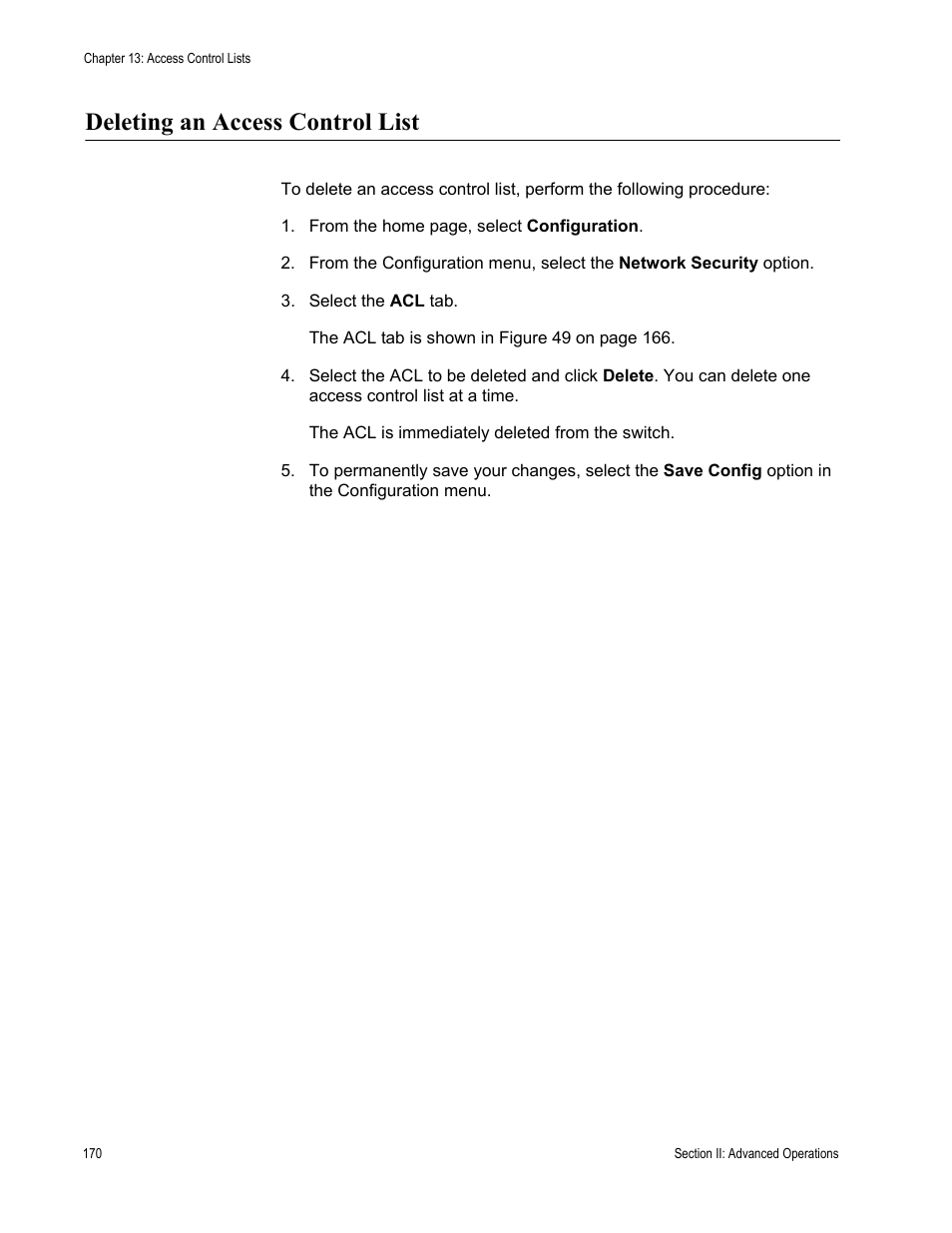 Deleting an access control list | Allied Telesis AT-S63 User Manual | Page 170 / 430