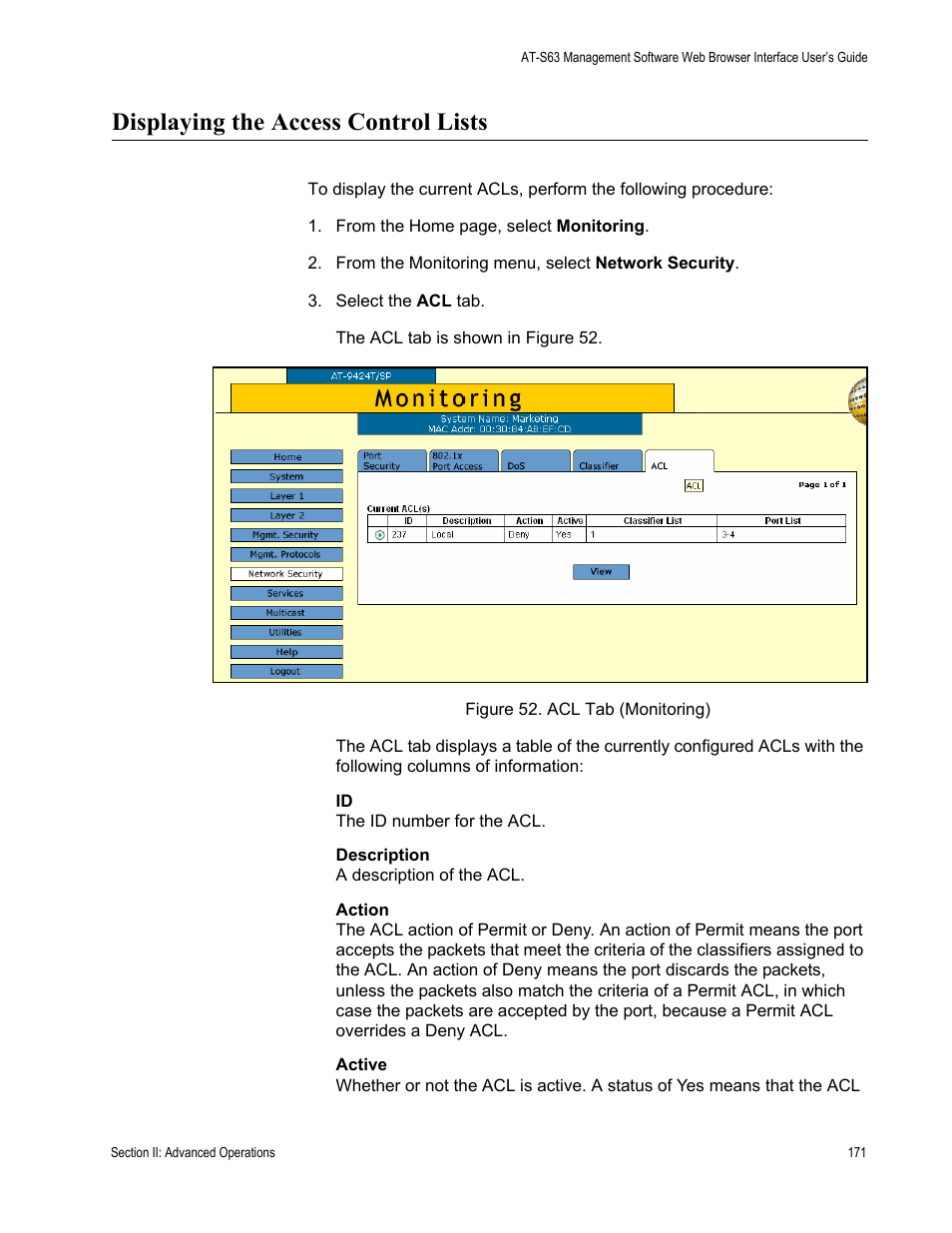 Displaying the access control lists, Figure 52: acl tab (monitoring) | Allied Telesis AT-S63 User Manual | Page 171 / 430
