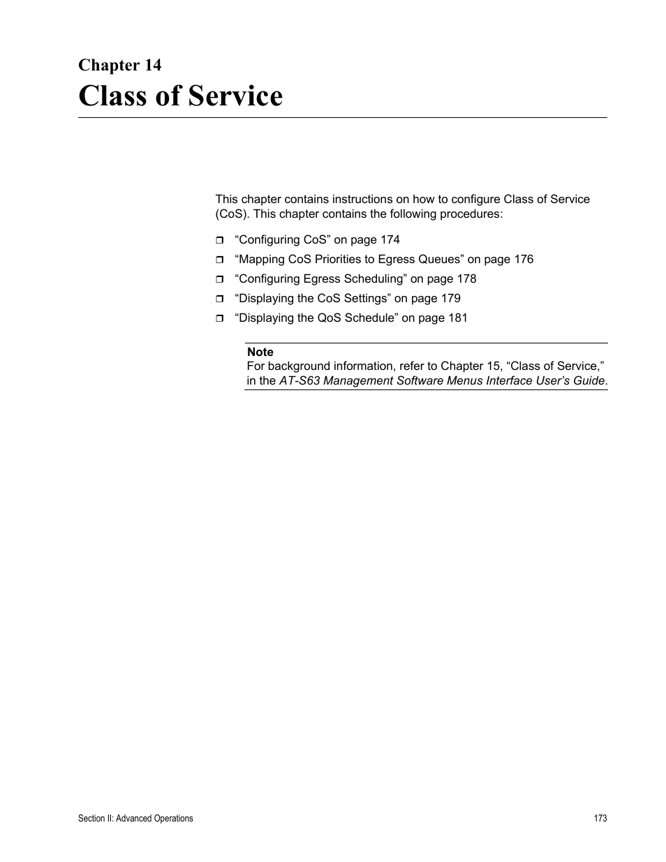 Chapter 14, Class of service, Chapter 14: class of service | Allied Telesis AT-S63 User Manual | Page 173 / 430