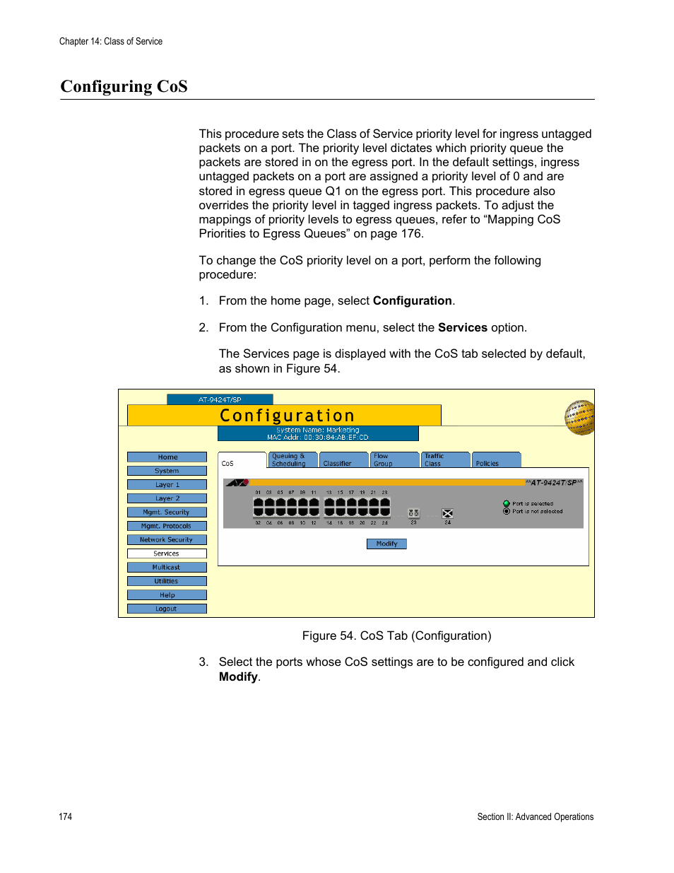 Configuring cos, Figure 54: cos tab (configuration) | Allied Telesis AT-S63 User Manual | Page 174 / 430