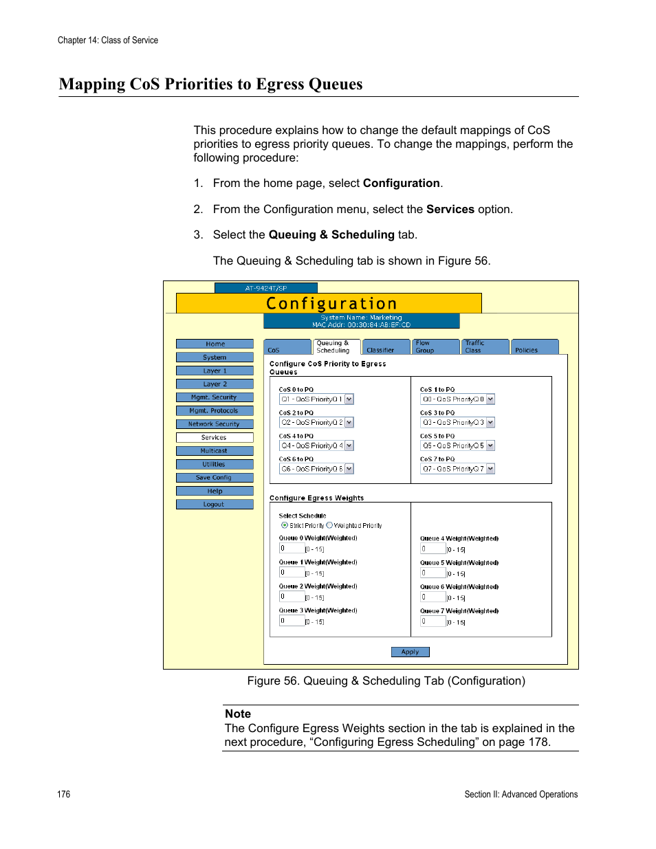 Mapping cos priorities to egress queues | Allied Telesis AT-S63 User Manual | Page 176 / 430