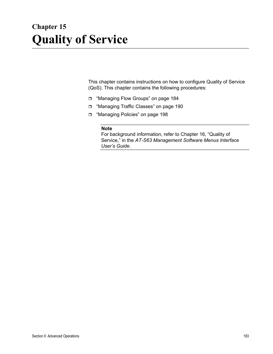 Chapter 15, Quality of service, Chapter 15: quality of service | Allied Telesis AT-S63 User Manual | Page 183 / 430