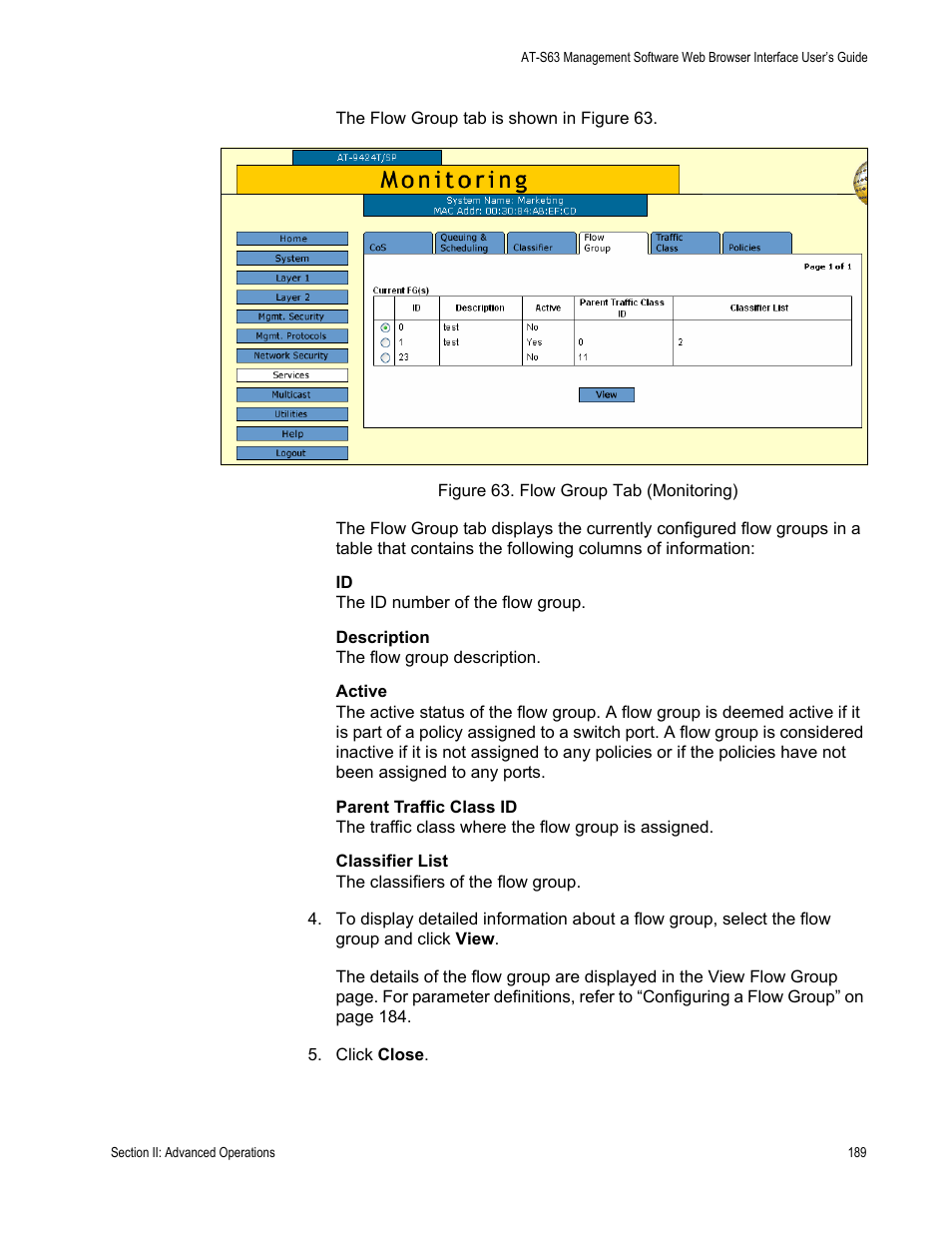 Figure 63: flow group tab (monitoring) | Allied Telesis AT-S63 User Manual | Page 189 / 430