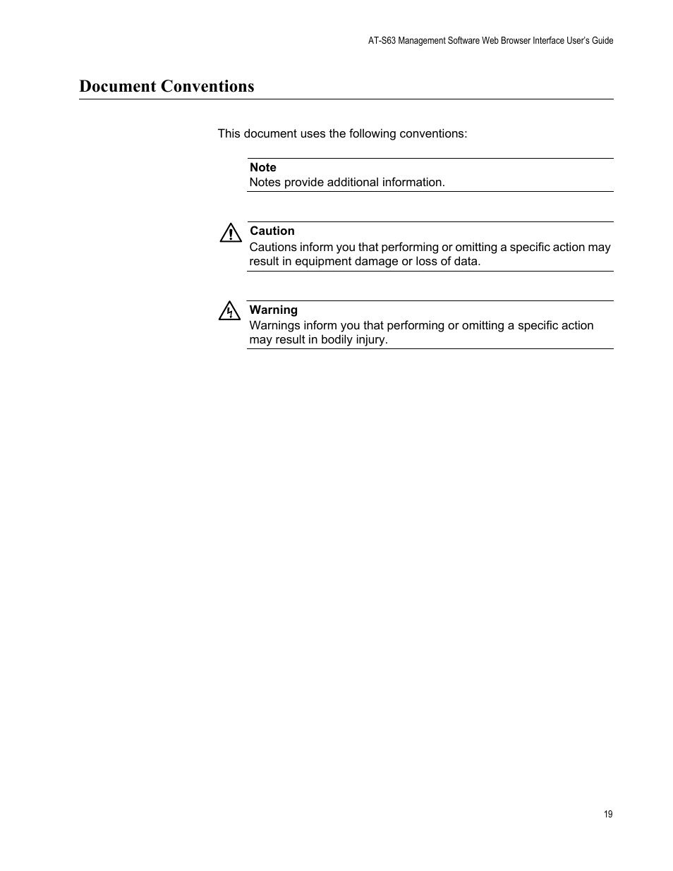 Document conventions | Allied Telesis AT-S63 User Manual | Page 19 / 430