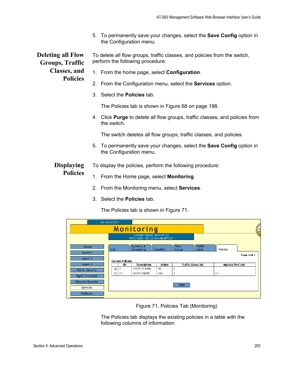 Displaying policies, Figure 71: policies tab (monitoring) | Allied Telesis AT-S63 User Manual | Page 203 / 430