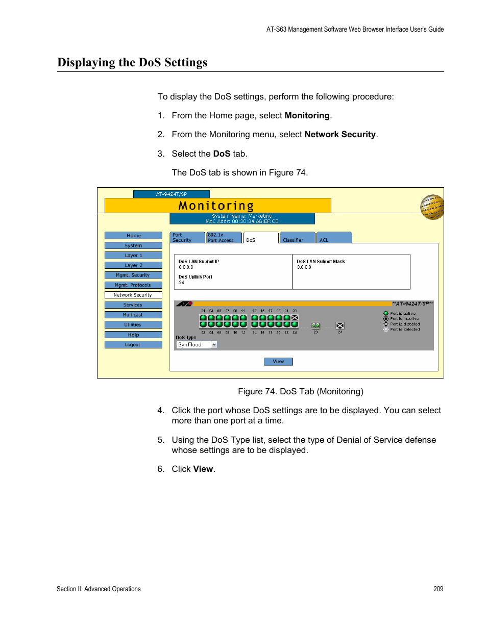 Displaying the dos settings, Figure 74: dos tab (monitoring) | Allied Telesis AT-S63 User Manual | Page 209 / 430