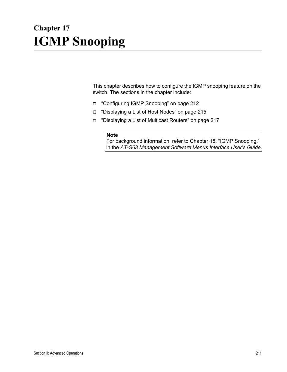Chapter 17, Igmp snooping, Chapter 17: igmp snooping | Allied Telesis AT-S63 User Manual | Page 211 / 430