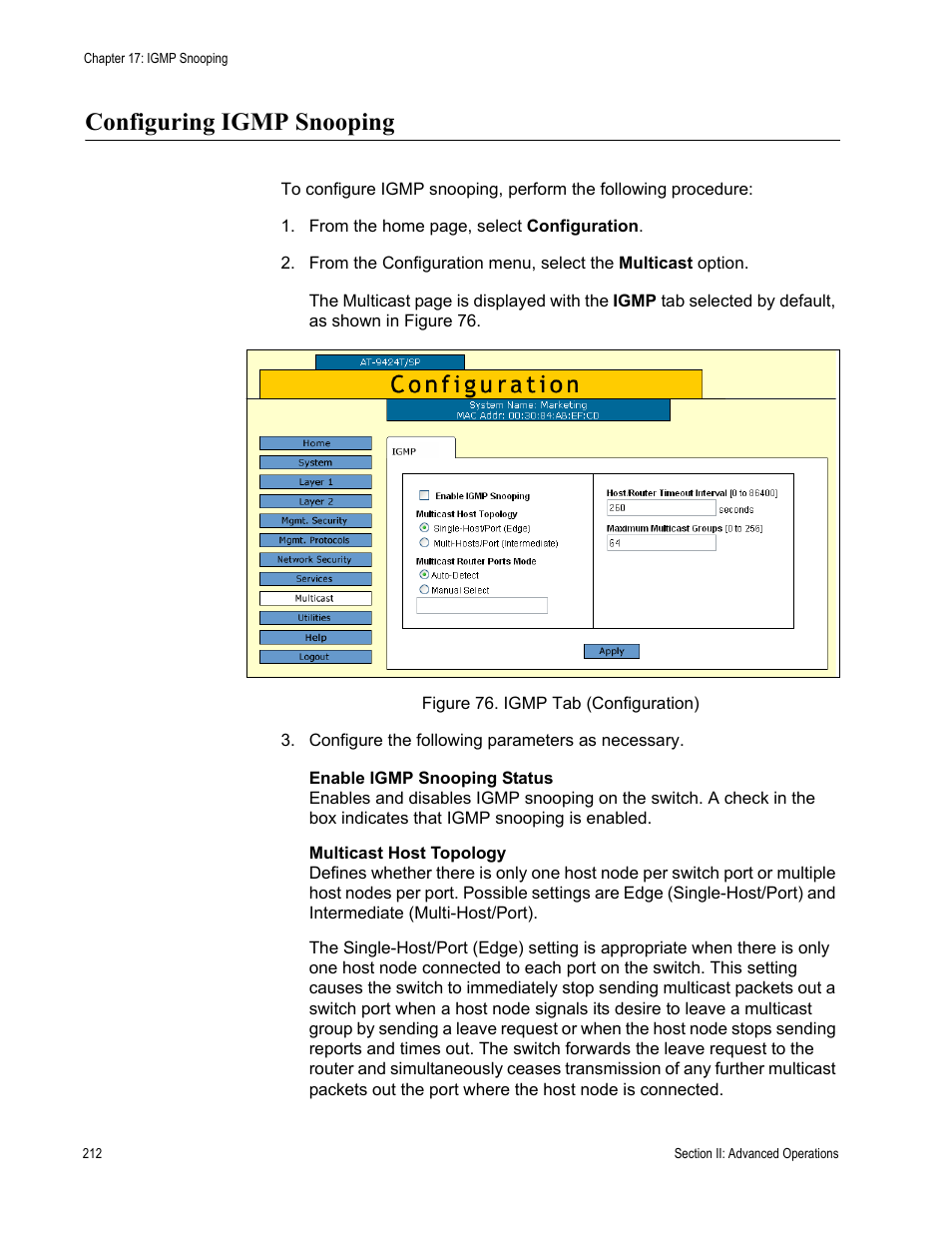 Configuring igmp snooping, Figure 76: igmp tab (configuration) | Allied Telesis AT-S63 User Manual | Page 212 / 430