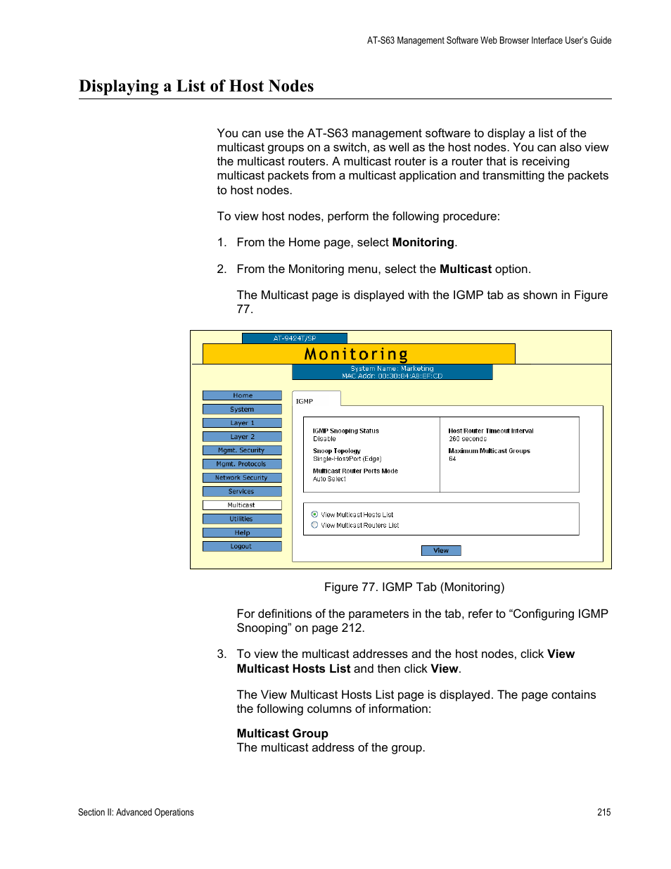 Displaying a list of host nodes, Figure 77: igmp tab (monitoring) | Allied Telesis AT-S63 User Manual | Page 215 / 430