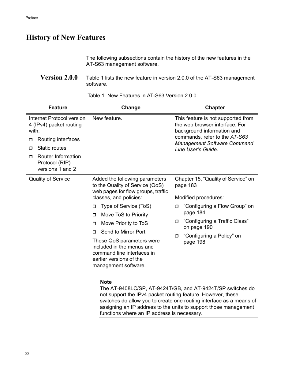 History of new features, Version 2.0.0, Table 1: new features in at-s63 version 2.0.0 | Allied Telesis AT-S63 User Manual | Page 22 / 430