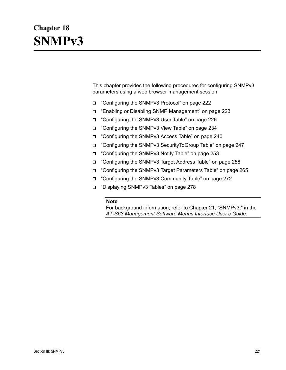 Chapter 18, Snmpv3, Chapter 18: snmpv3 | Allied Telesis AT-S63 User Manual | Page 221 / 430