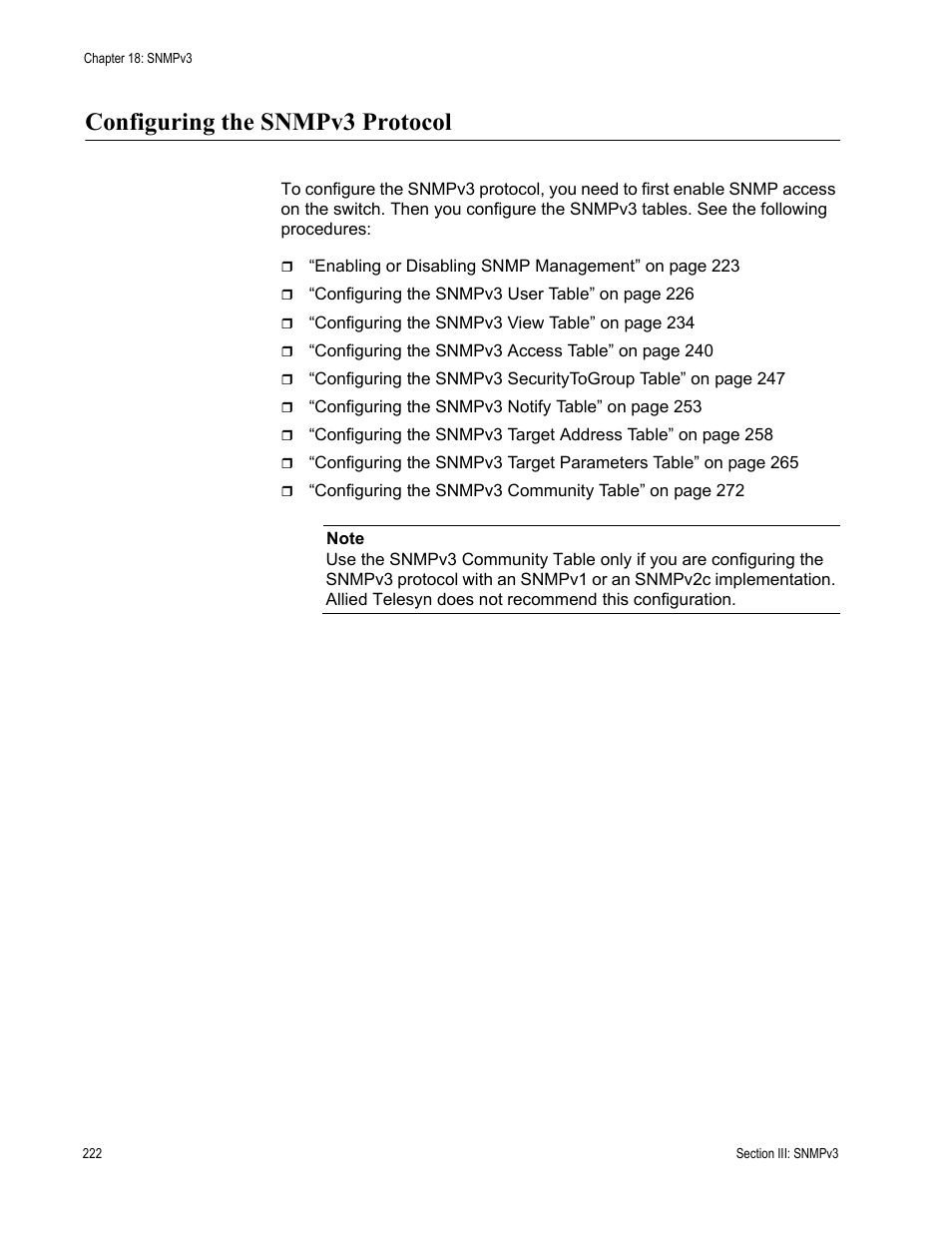 Configuring the snmpv3 protocol | Allied Telesis AT-S63 User Manual | Page 222 / 430
