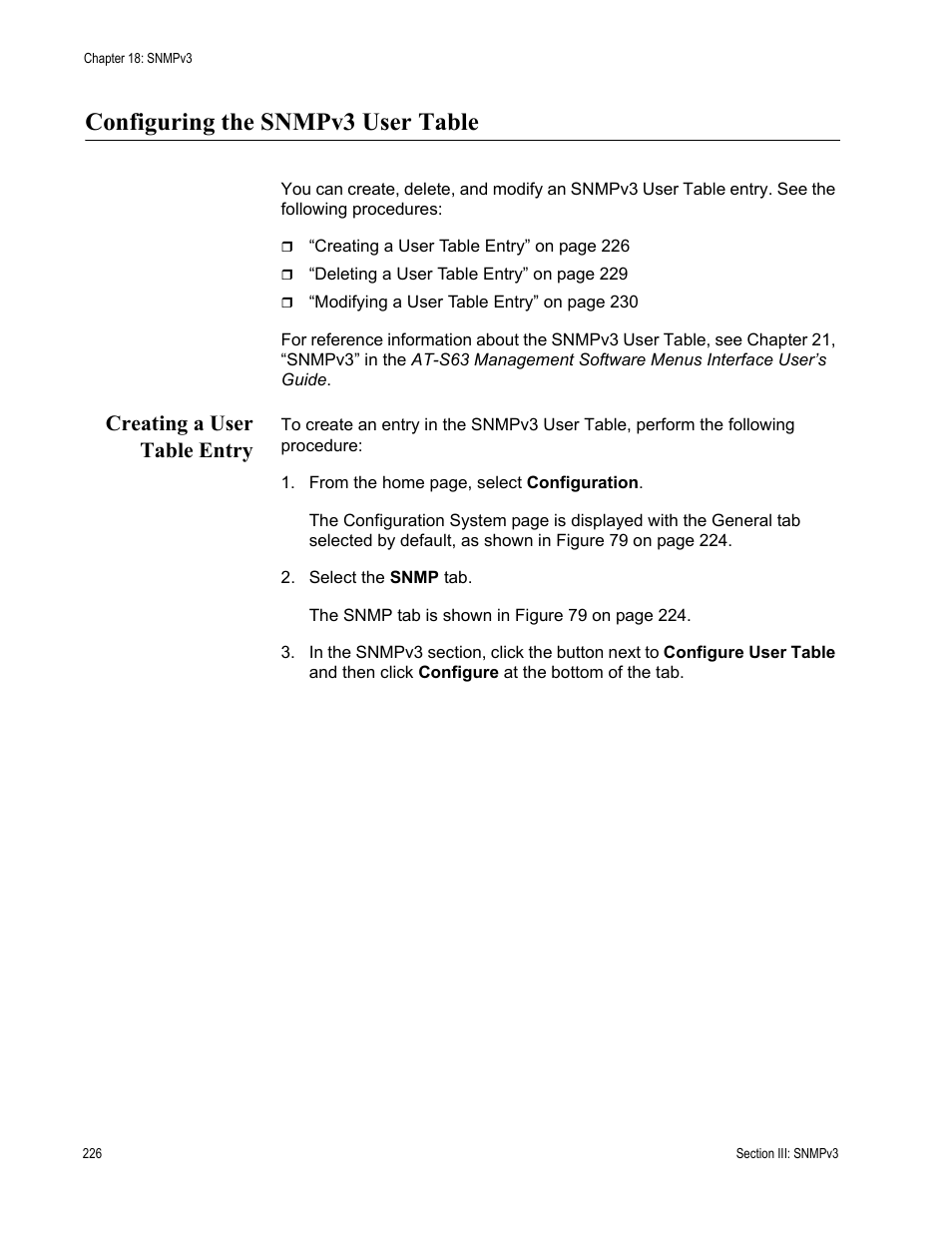 Configuring the snmpv3 user table, Creating a user table entry | Allied Telesis AT-S63 User Manual | Page 226 / 430