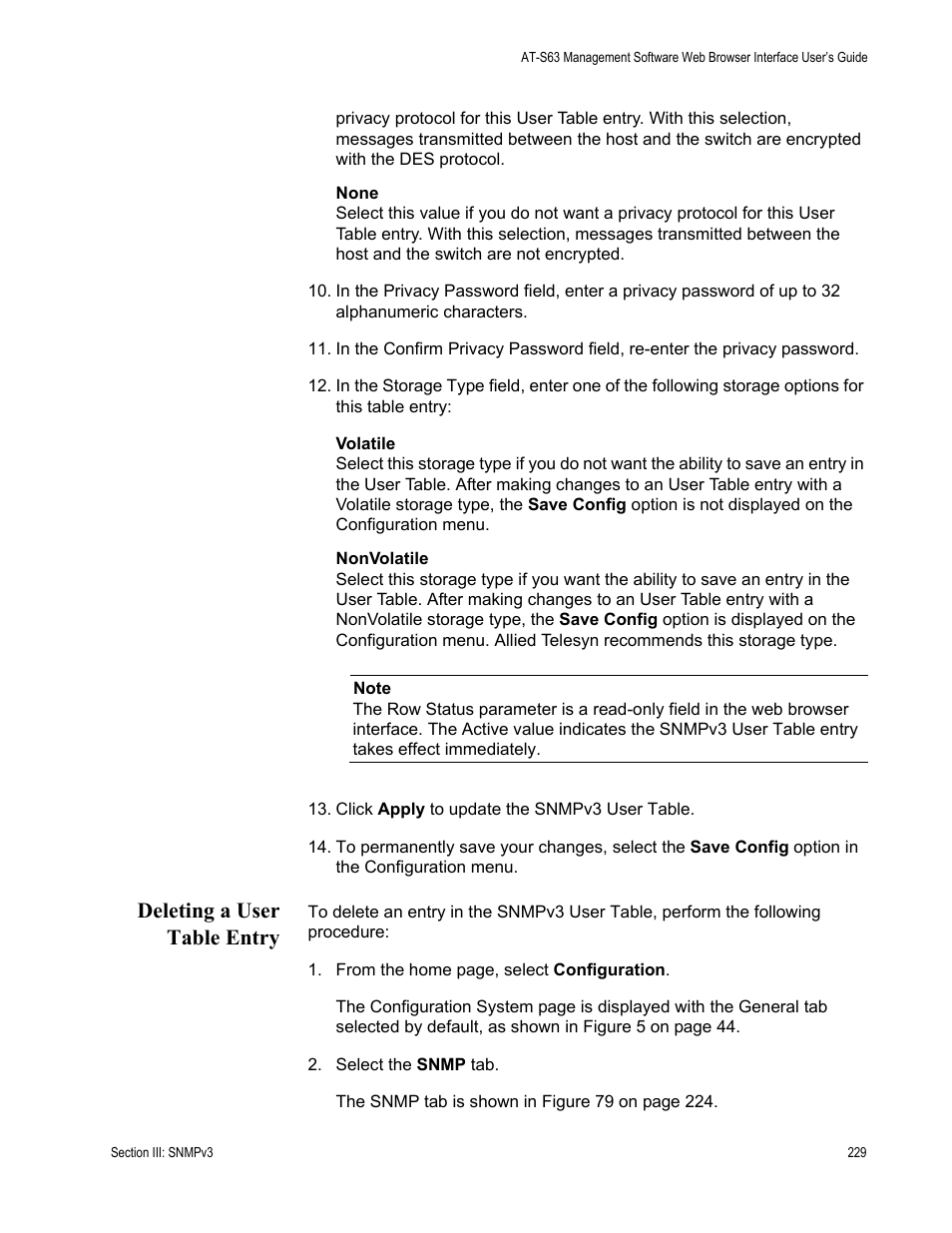 Deleting a user table entry | Allied Telesis AT-S63 User Manual | Page 229 / 430