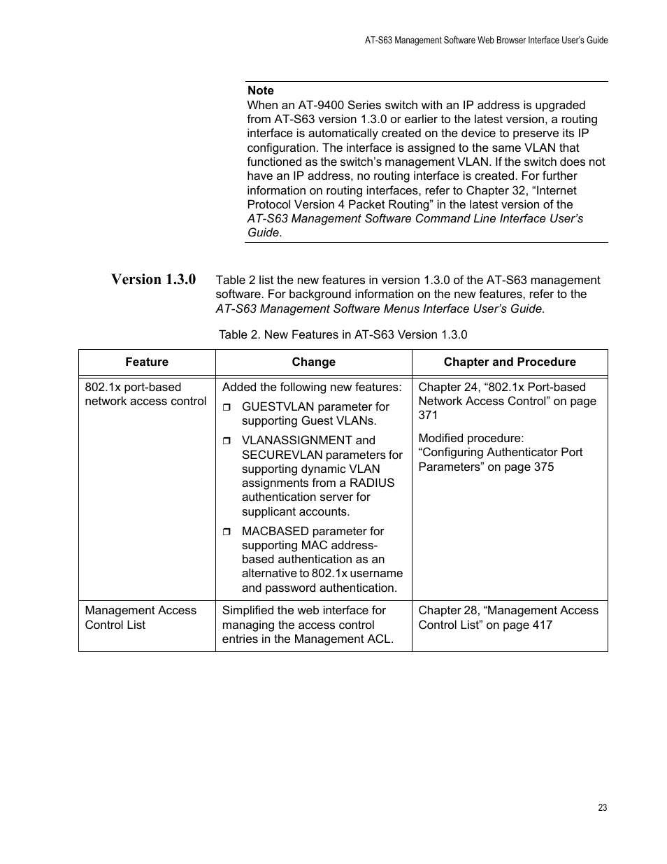 Version 1.3.0, Table 2: new features in at-s63 version 1.3.0 | Allied Telesis AT-S63 User Manual | Page 23 / 430