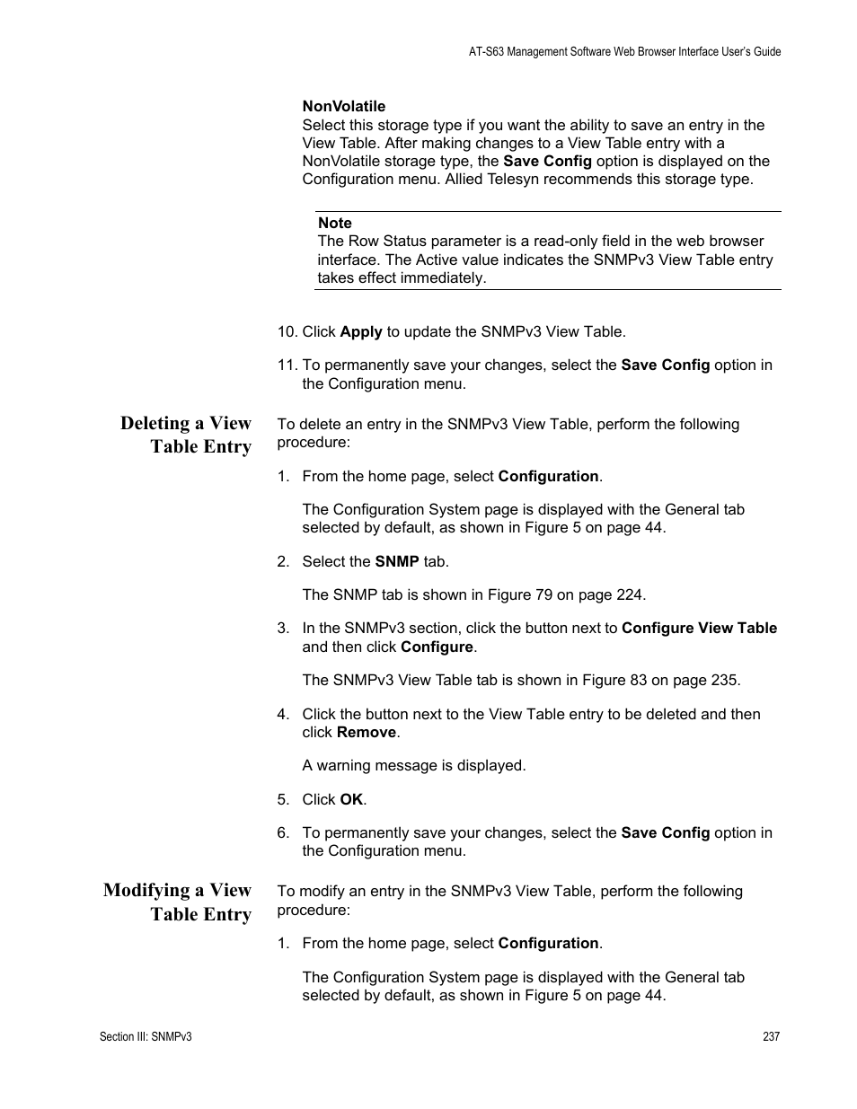 Deleting a view table entry, Modifying a view table entry | Allied Telesis AT-S63 User Manual | Page 237 / 430