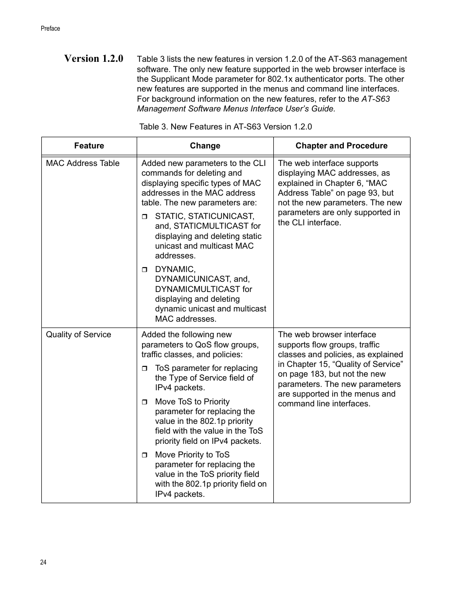 Version 1.2.0, Table 3: new features in at-s63 version 1.2.0 | Allied Telesis AT-S63 User Manual | Page 24 / 430