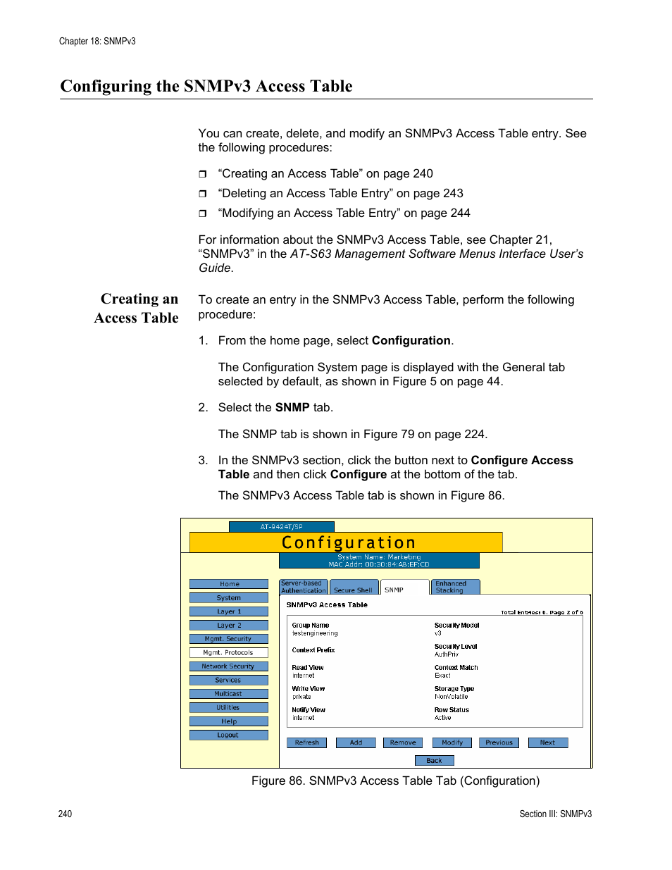 Configuring the snmpv3 access table, Creating an access table, Figure 86: snmpv3 access table tab (configuration) | Allied Telesis AT-S63 User Manual | Page 240 / 430