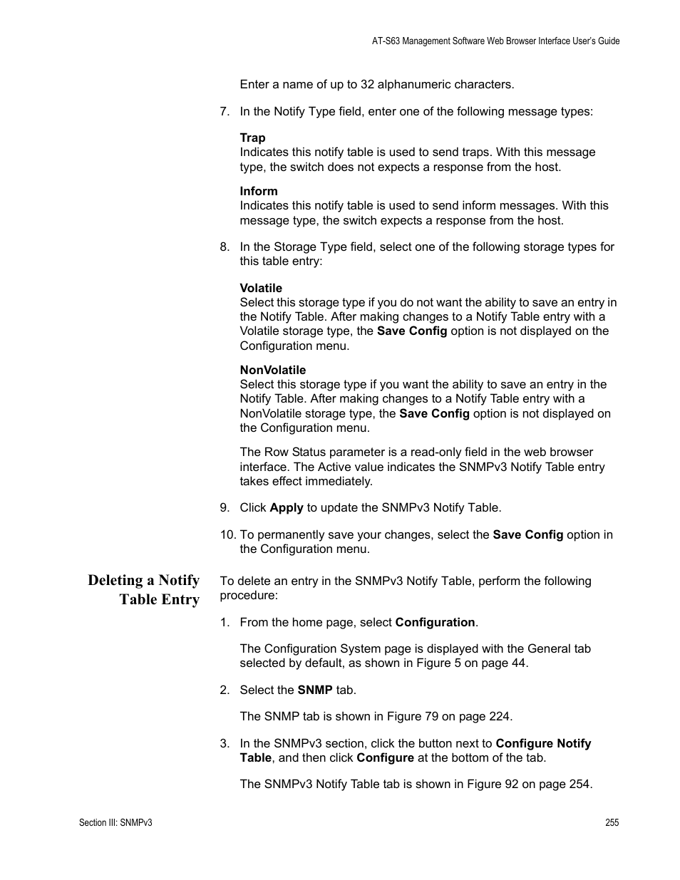 Deleting a notify table entry | Allied Telesis AT-S63 User Manual | Page 255 / 430