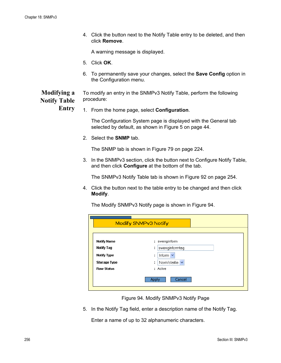 Modifying a notify table entry | Allied Telesis AT-S63 User Manual | Page 256 / 430