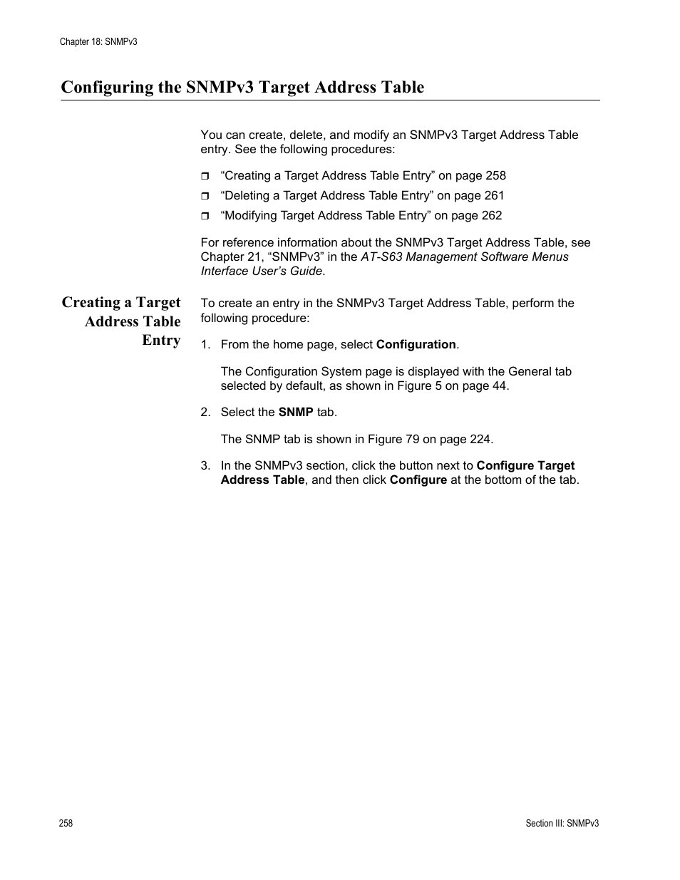 Configuring the snmpv3 target address table, Creating a target address table entry | Allied Telesis AT-S63 User Manual | Page 258 / 430