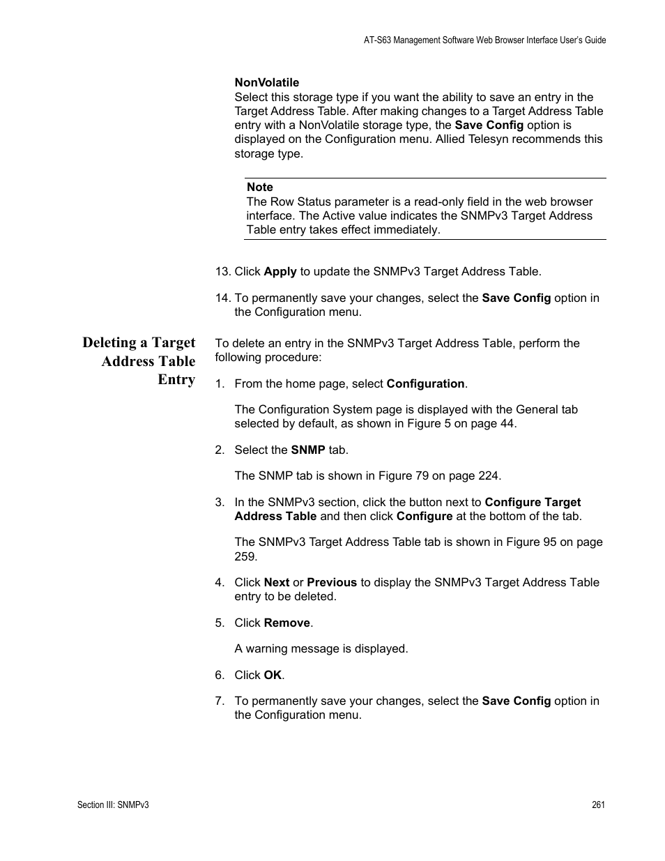 Deleting a target address table entry | Allied Telesis AT-S63 User Manual | Page 261 / 430