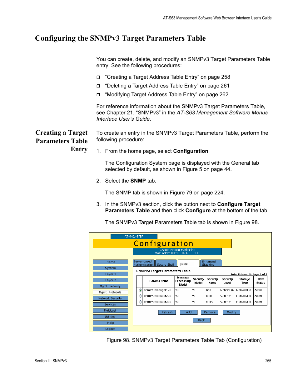 Configuring the snmpv3 target parameters table, Creating a target parameters table entry | Allied Telesis AT-S63 User Manual | Page 265 / 430