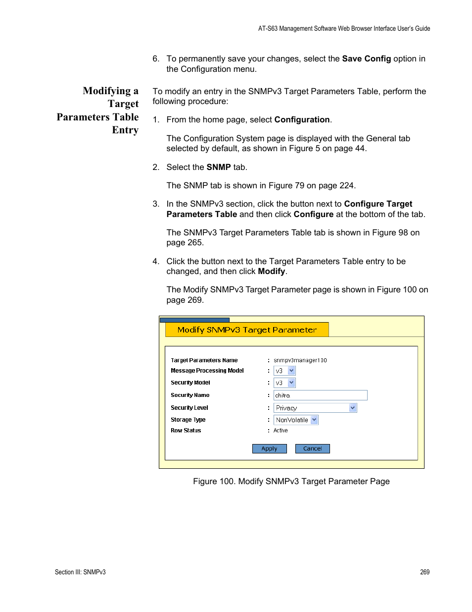 Modifying a target parameters table entry | Allied Telesis AT-S63 User Manual | Page 269 / 430