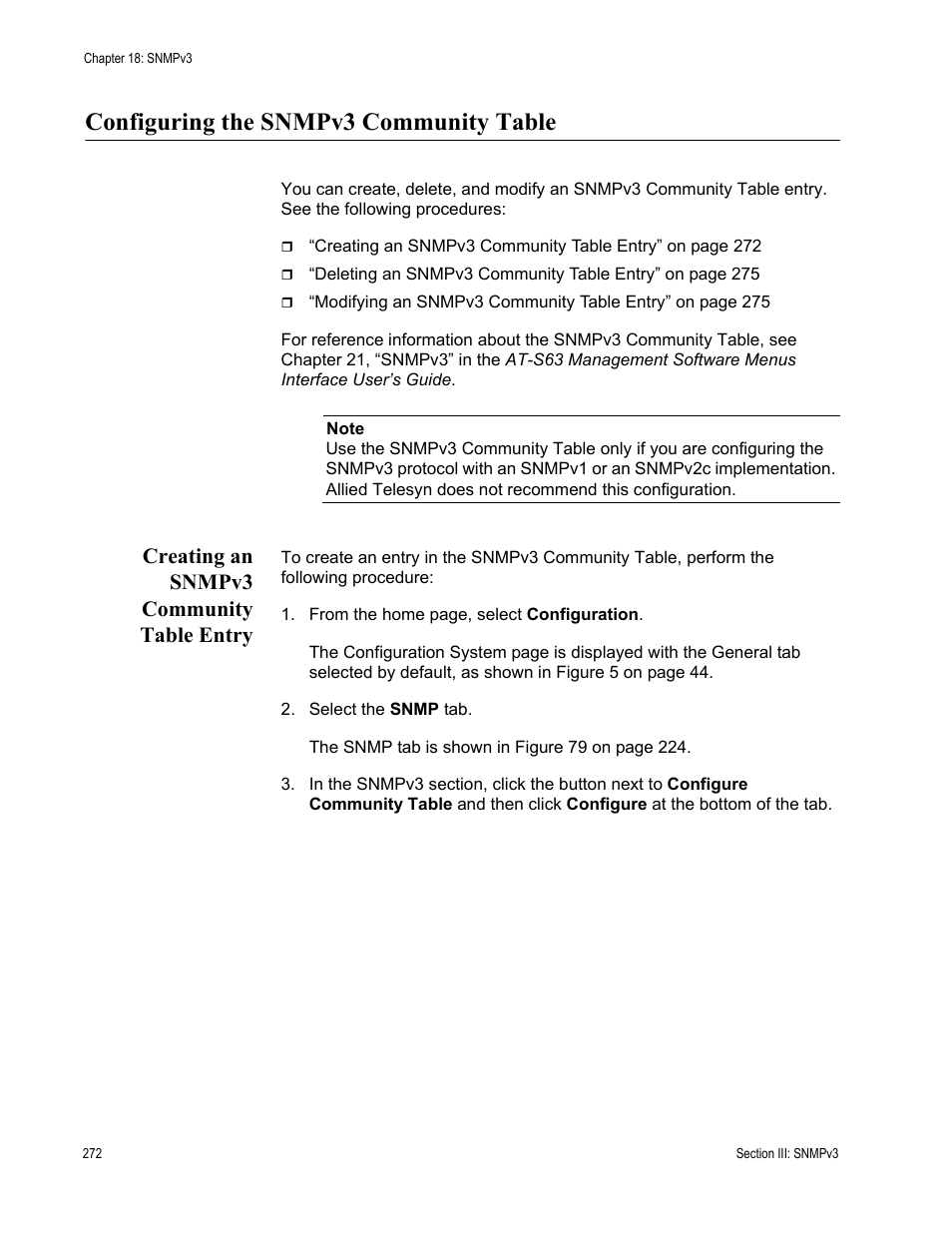 Configuring the snmpv3 community table, Creating an snmpv3 community table entry | Allied Telesis AT-S63 User Manual | Page 272 / 430