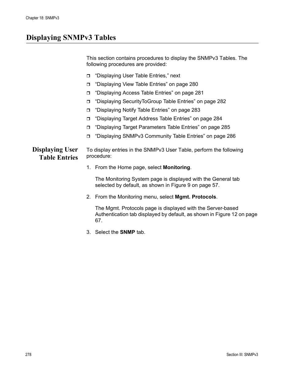 Displaying snmpv3 tables, Displaying user table entries | Allied Telesis AT-S63 User Manual | Page 278 / 430