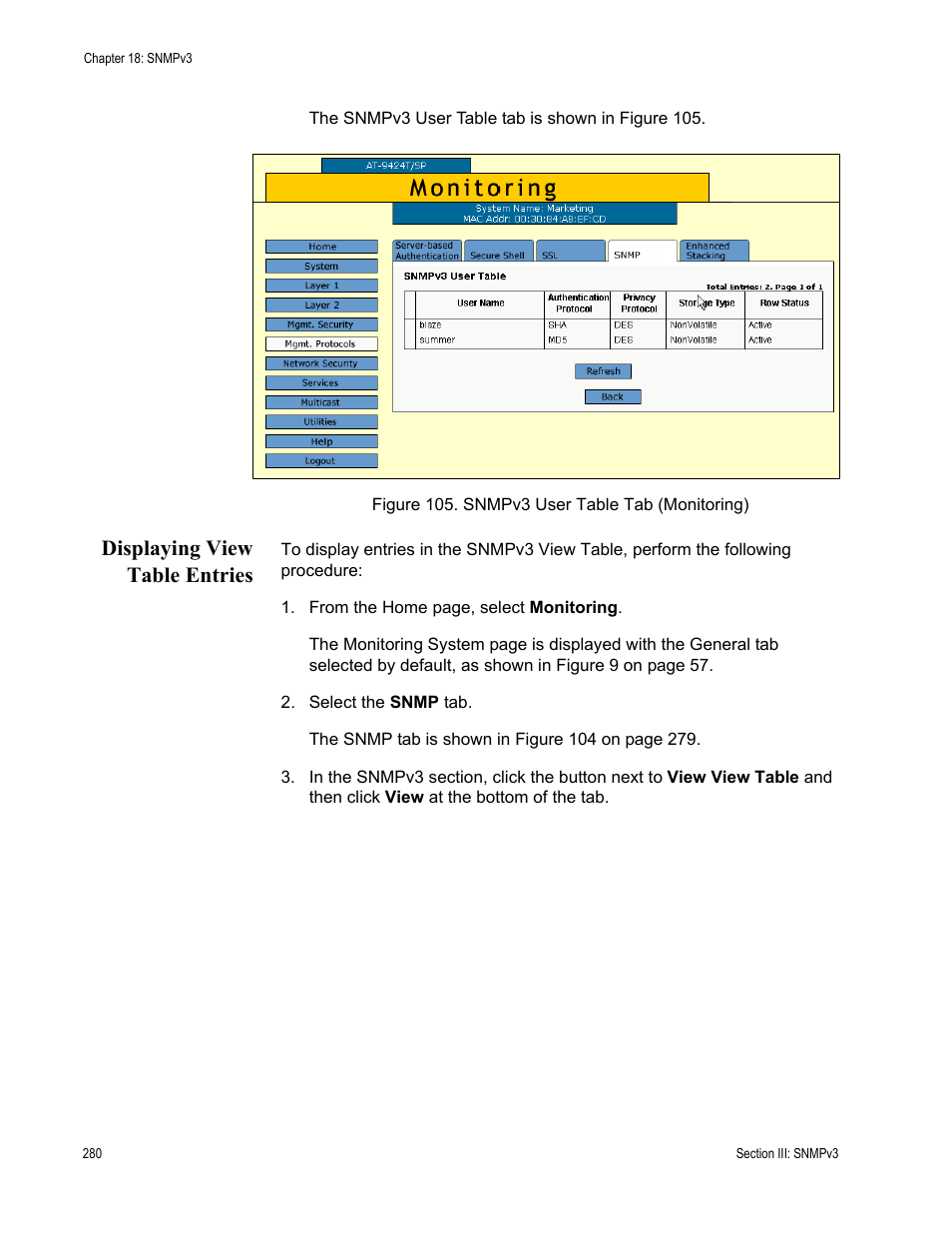 Displaying view table entries, Figure 105: snmpv3 user table tab (monitoring) | Allied Telesis AT-S63 User Manual | Page 280 / 430