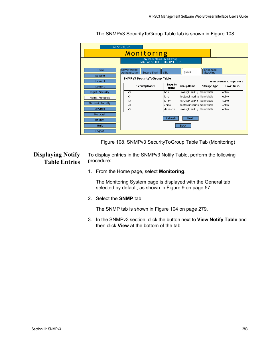 Displaying notify table entries | Allied Telesis AT-S63 User Manual | Page 283 / 430