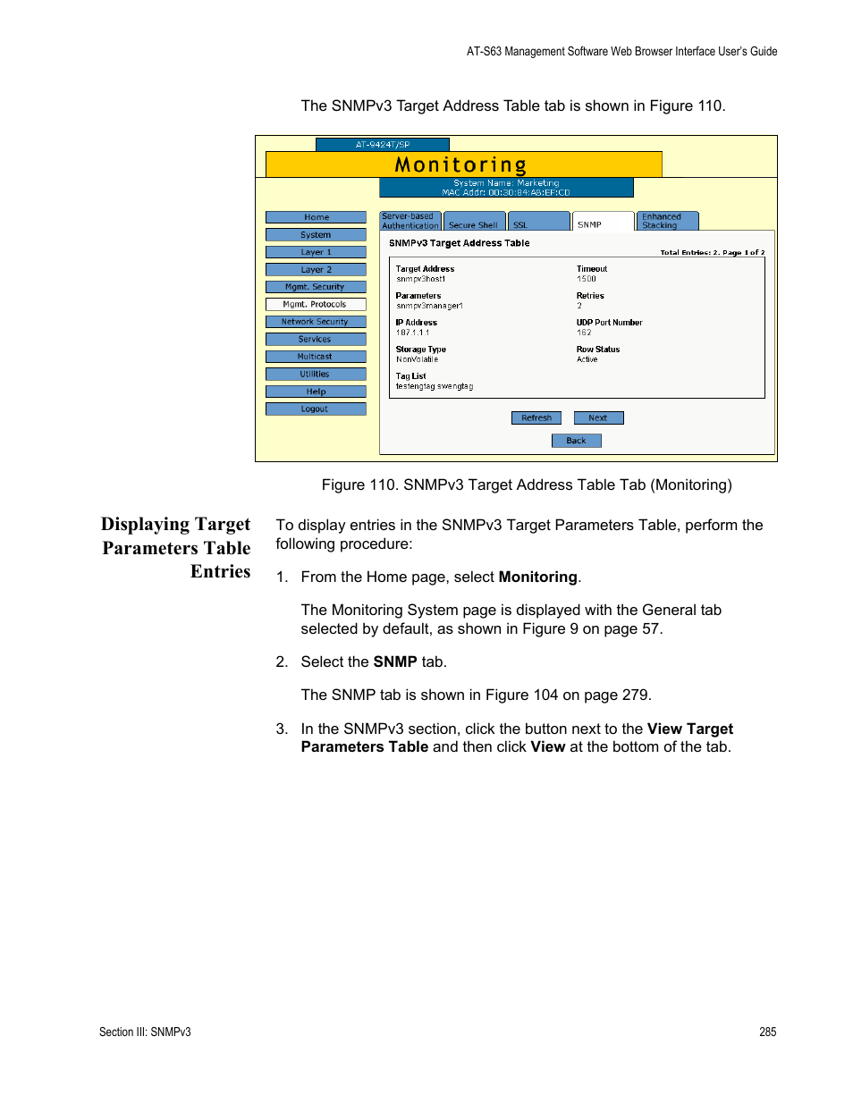 Displaying target parameters table entries | Allied Telesis AT-S63 User Manual | Page 285 / 430