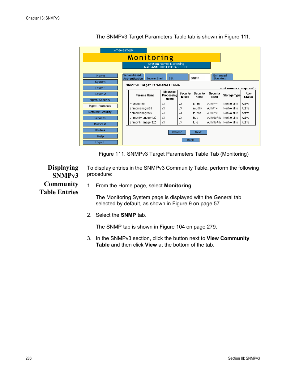 Displaying snmpv3 community table entries | Allied Telesis AT-S63 User Manual | Page 286 / 430