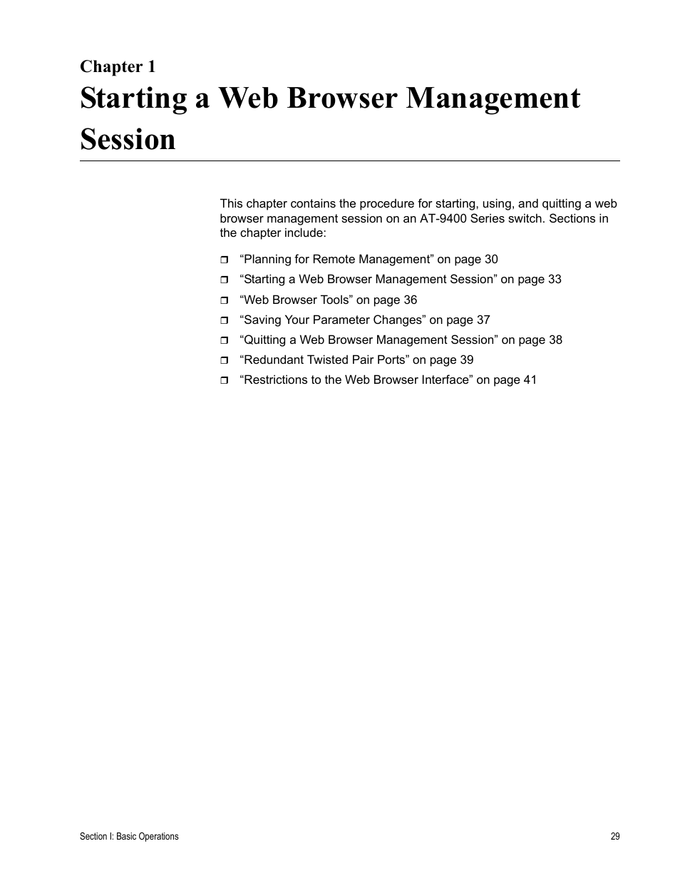 Chapter 1, Starting a web browser management session, R 1: starting a web browser management session | Allied Telesis AT-S63 User Manual | Page 29 / 430