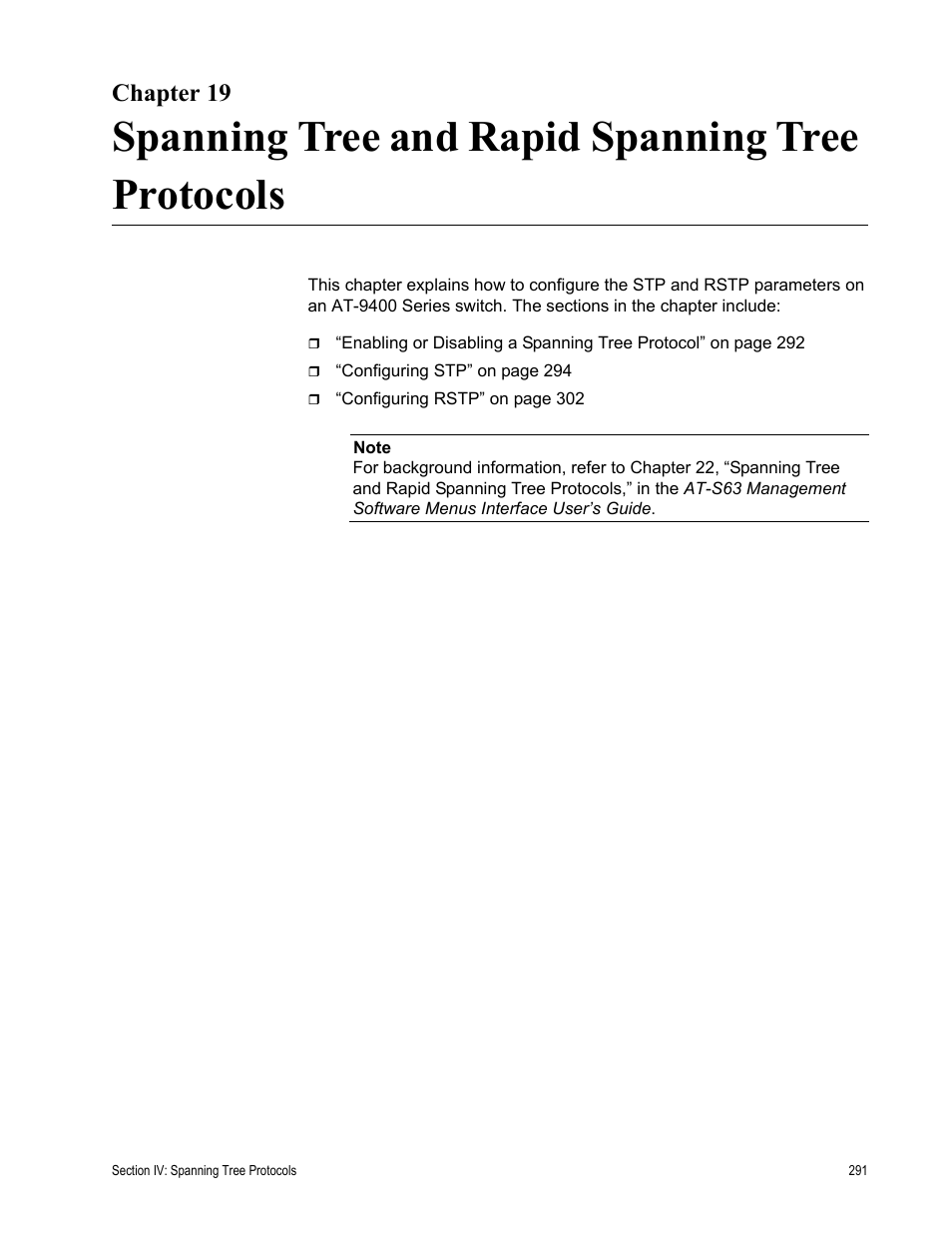 Chapter 19, Spanning tree and rapid spanning tree protocols | Allied Telesis AT-S63 User Manual | Page 291 / 430