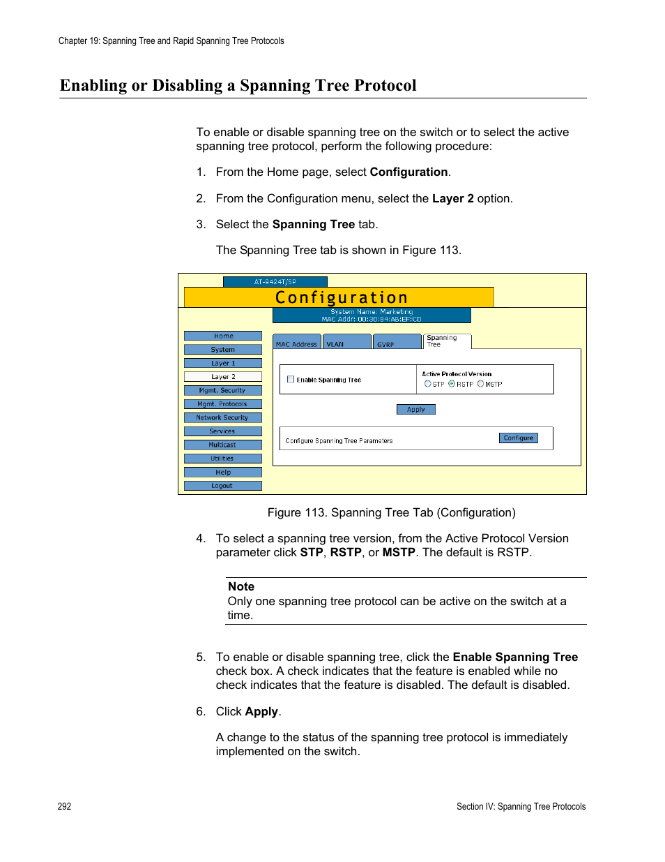Enabling or disabling a spanning tree protocol, Figure 113: spanning tree tab (configuration) | Allied Telesis AT-S63 User Manual | Page 292 / 430